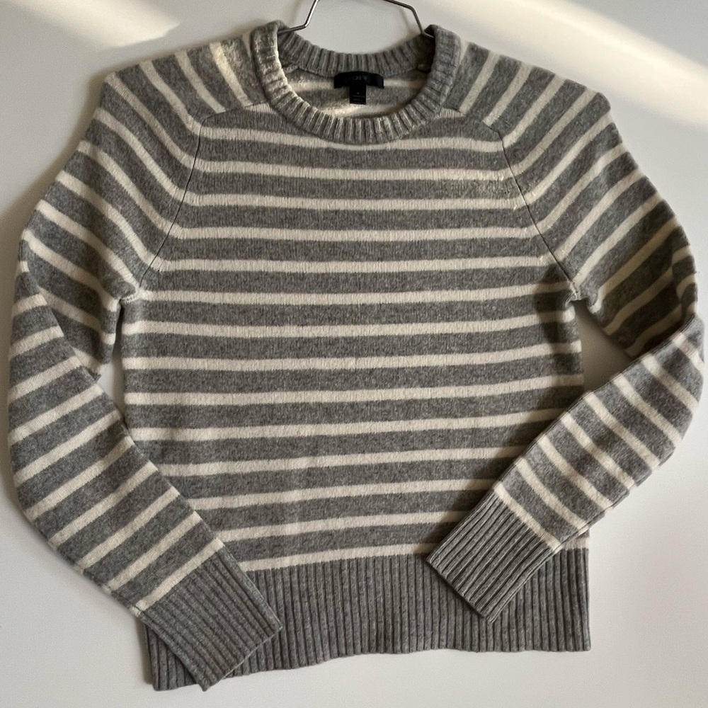 J Crew Sweater Women Small Striped Gray  White 100% Wool Academia Classic Preppy